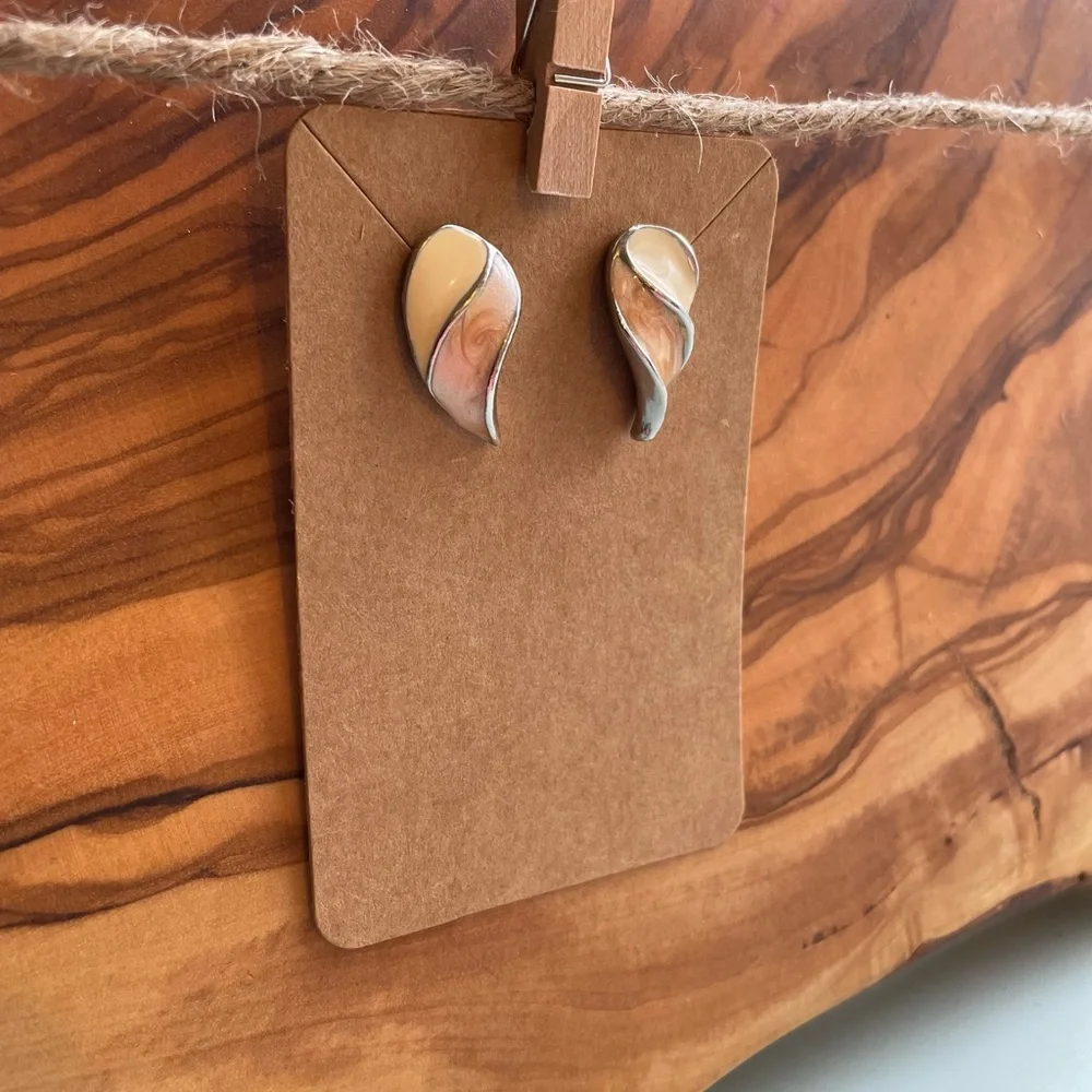 Vintage Monet Enamel Elegant Cream and Brown Wave Earrings - Picture 2 of 5